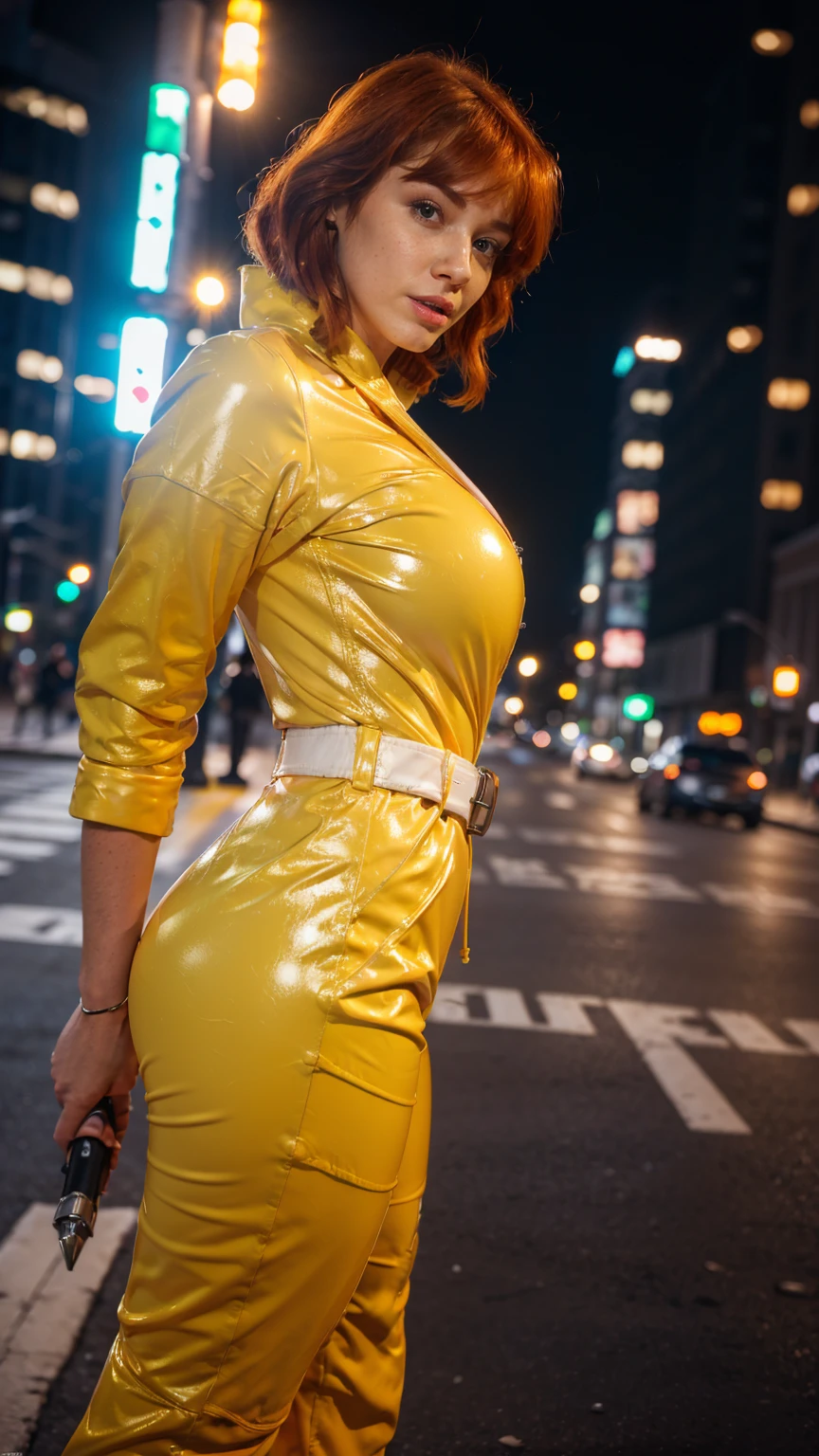 (masterpiece), (best quality), (solo character), (large breasts), (photorealistic:1.4), (chr1sh3n wearing white belt), (apriloneil costume, jumpsuit), (yellow latex jumpsuit), (apriloneil hairstyle), (apriloneil white belt), (apriloneil boots), (aprilonei wearing watch), (epiCRealLife), (lora:epiCFlashPhoto), (red hair), (red lipstick), (brown eyes), (young woman), (flashphoto), (flash photography), (night time), (new york city street), (traffic light), (different camera angle shots), (look at viewers), (cowboy shots), (close up body), (close portrait), (from side),