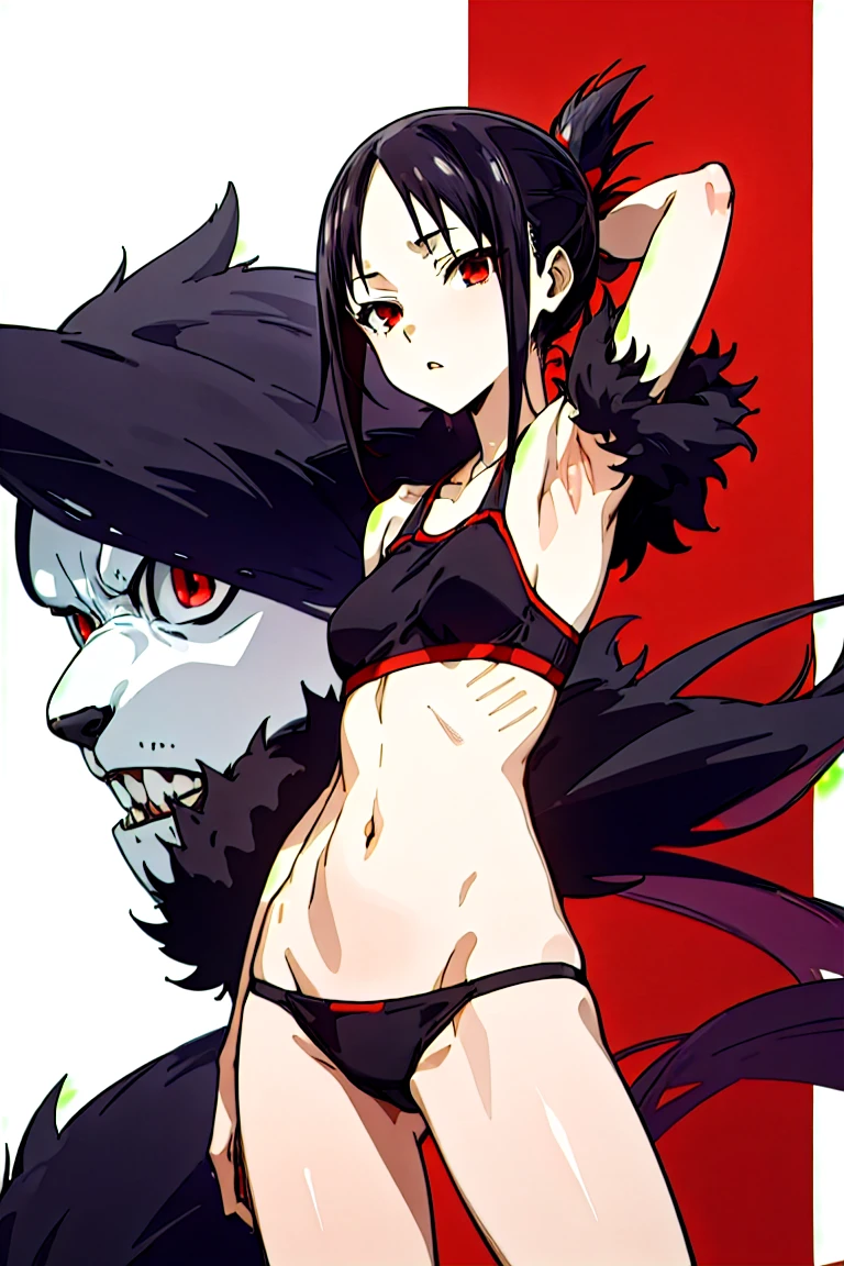 Shinomiya Kaguya, Shinomiyakaguya, Red eyes, small breasts, list brook, black fur, Red eyes, black sports bra, black micro panties, shiny skin 