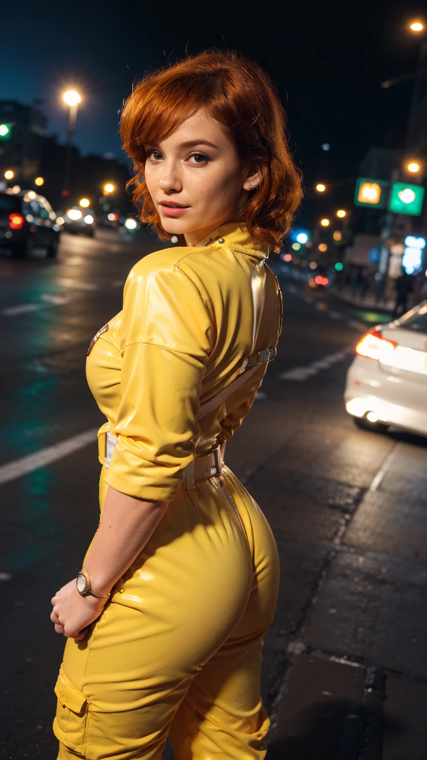 (masterpiece), (best quality), (solo character), (large breasts), (photorealistic:1.4), (chr1sh3n wearing white belt), (apriloneil costume, jumpsuit), (yellow latex jumpsuit), (apriloneil hairstyle), (apriloneil white belt), (apriloneil boots), (aprilonei wearing watch), (epiCRealLife), (lora:epiCFlashPhoto), (red hair), (red lipstick), (brown eyes), (young woman), (flashphoto), (flash photography), (night time), (new york city street), (traffic light), (different camera angle shots), (look at viewers), (cowboy shots), (close up body), (close portrait), (pose for pcitures)