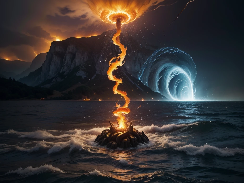 create in the mystical world where the fire elements, water, Earth and air come to life with dynamic scenes where elemental magic is at play, capturing the raw power and beauty of these natural forces. shows the earth opening , fire larvae , in the center of a lake, tornado of wind descending from the sky, The image must contain water, fire, earth and wind
