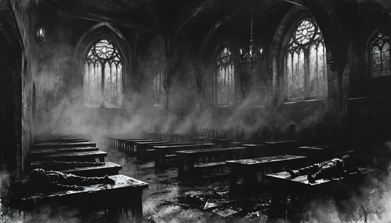 a painting of a dead bodies, vampire the masquerade bloodlines, incredible art, gloomy background, nimbus, church ragged vestments, darksketch