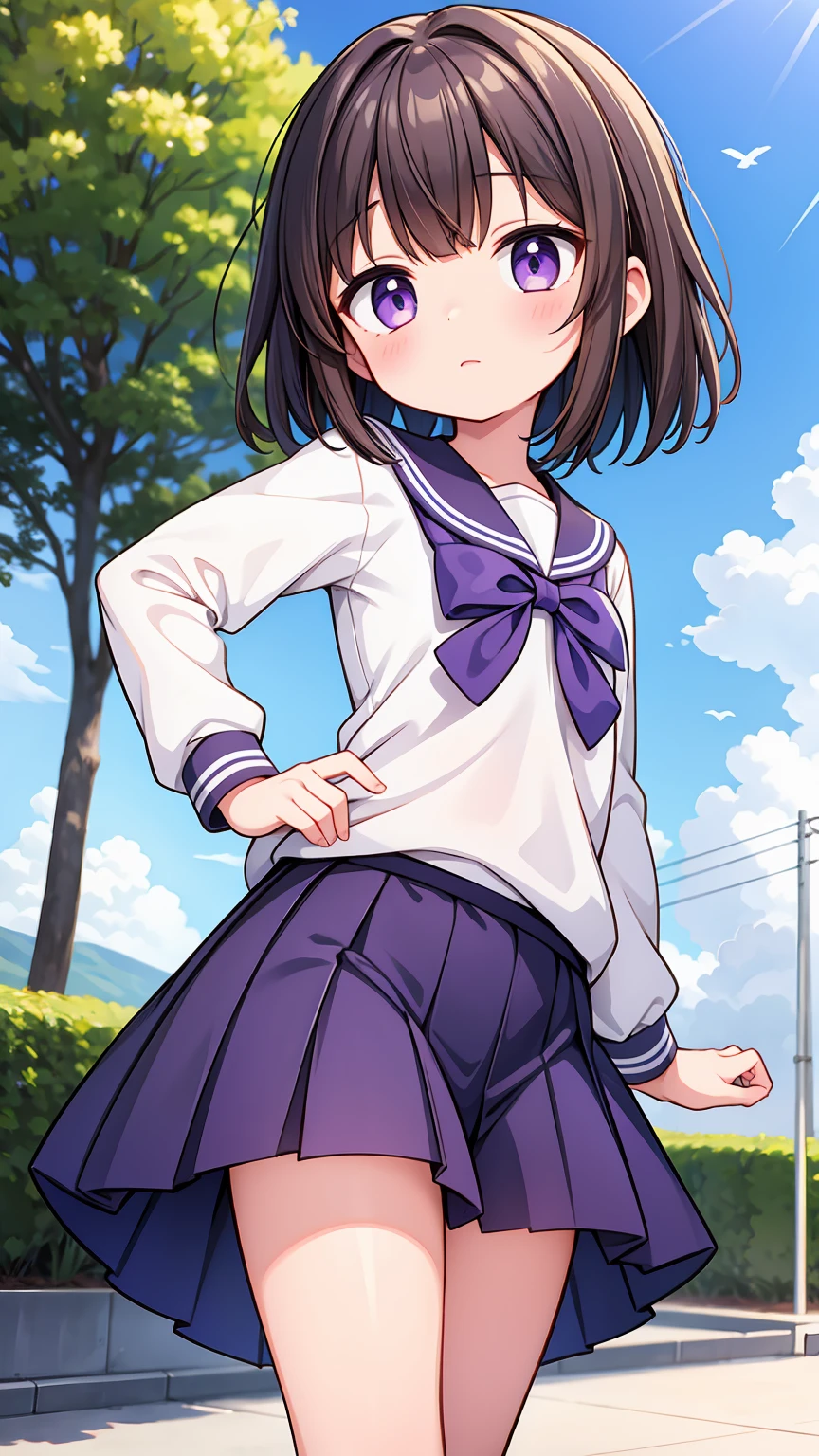 (High quality), (masterpiece), (very detailed), girl, (very small bust), short brown hair, purple eyes, shy face, (primary school loli), showing her thighs, on the school yard, sunny, camera angle from below, adorable eyes, (primar school uniform)