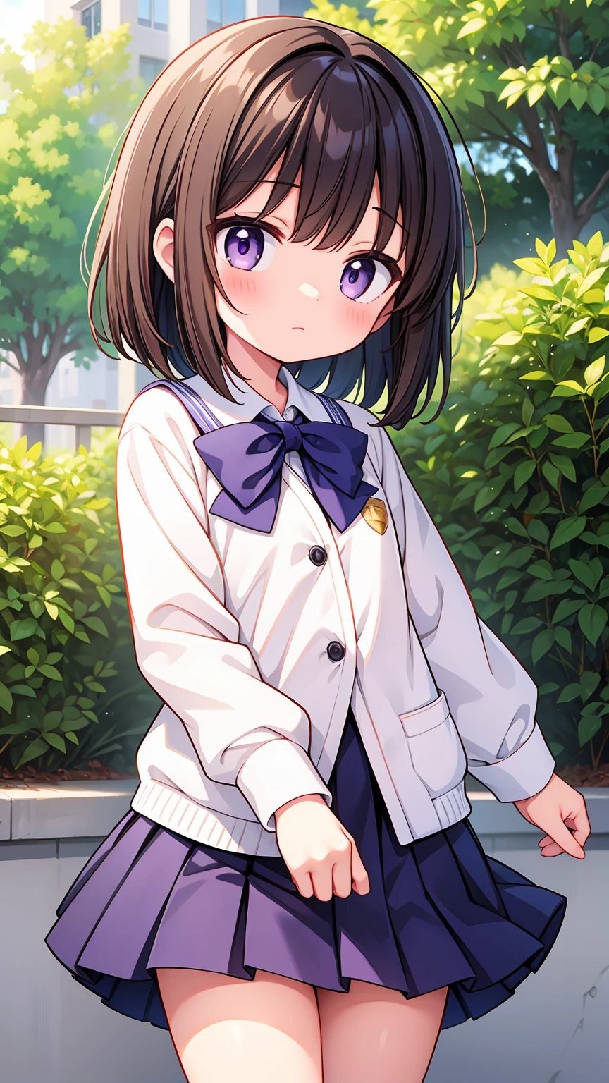(High quality), (masterpiece), (very detailed), girl, (very small bust), short brown hair, purple eyes, shy face, (primary school loli), showing her thighs, on the school yard, sunny, camera angle from below, adorable eyes, (primar school uniform)