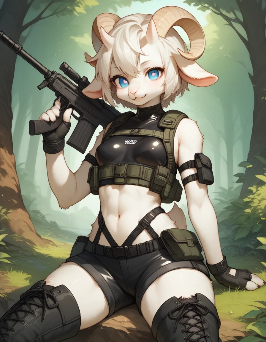 score_9, score_8_up) score_7_up, score_6_up, solo, goat, kemono, anthro, cute, short hair, blue eyes, white pupils, sexy pose, curved horns, shorts, tactical harness, croptop, thigh high boots, assassin girl, mesh body suit, tactical gloves, latex, small breasts, forest background,