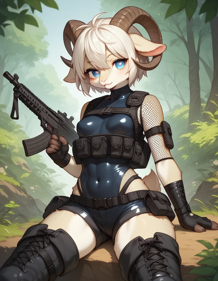 score_9, score_8_up) score_7_up, score_6_up, solo, goat, kemono, anthro, cute, short hair, blue eyes, white pupils, y pose, curved horns, shorts, tactical harness, croptop, thigh high boots, assin girl, mesh body suit, tactical gloves, latex, small breastst background,