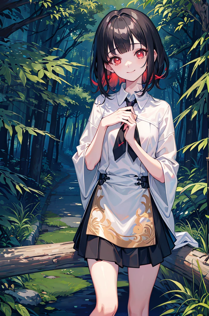 ((forest background)),original,(illustration:1.1),(best quality),(masterpiece:1.1),(extremely detailed CG unity 8k wallpaper:1.1), (colorful:0.9),(mid shot:0.95),(highly detailed beautiful face and body),(solo:1.2), (girl),(), (detailed beautiful eyes:1.15), (beautiful face:1.15), (glowing red eyes:1.25////),((jewel-like eyes)),(petite),(cute girl),(((black medium hair))),pink inner color,((blunt bangs,)),(+perfect hand+:1.21),(Religious),(slender),(black clothes),small breasts,miniskirt,slim body,(smile),fashion,tokyo,harajuku,(black school uniform),deep forest background,