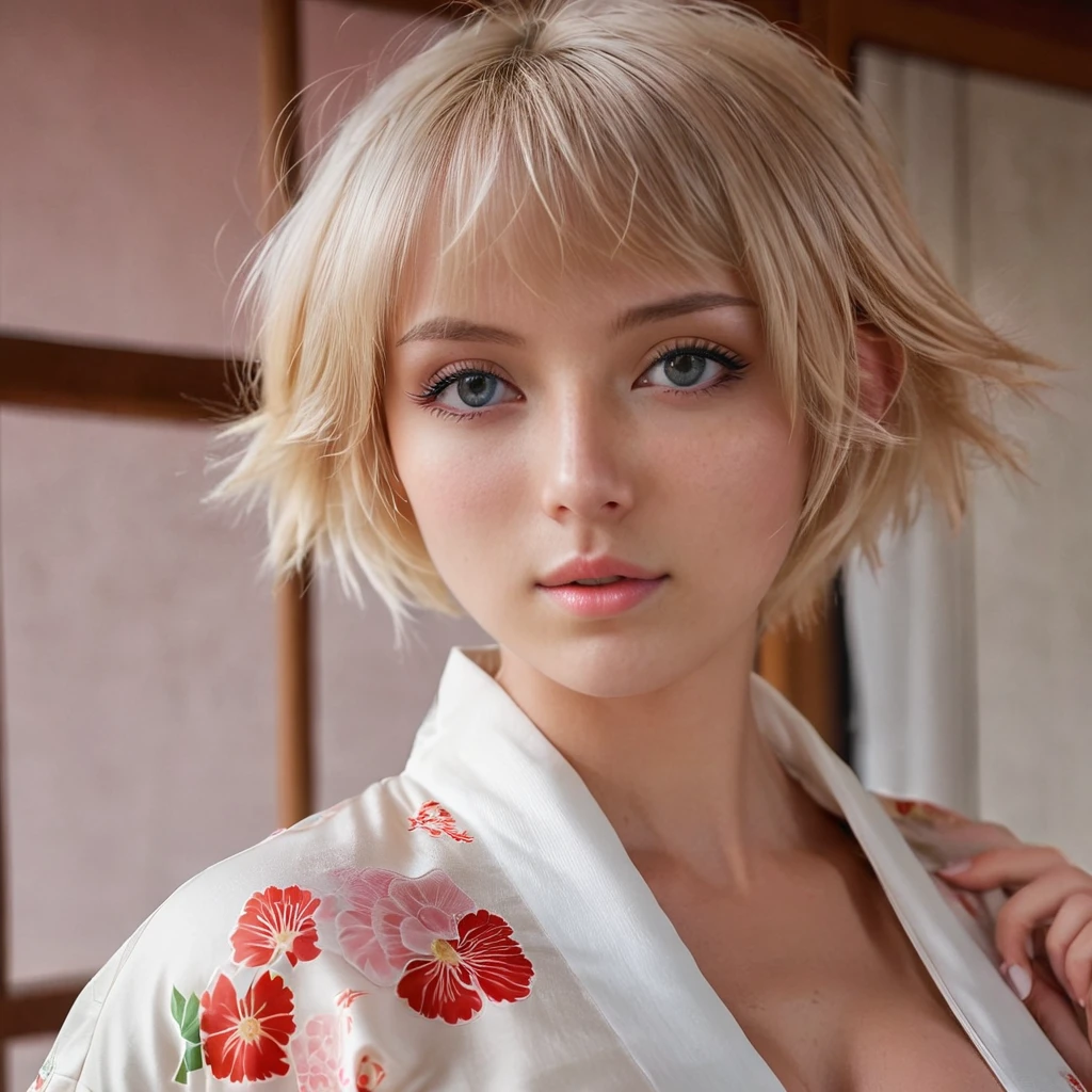 1girl in, age22, Solo, short blond hair, looking at the camera, o-face, translucent white fairly skin, blonde hair, full body, (extremely detailed 8k wallpaper), soft lighting, high quality, film grain, Fujifilm XT3 sharp focus, f 5.6, 50mm, High Detail, Sharp focus, (natural light), (seductive), revealing, realistic, sexy, ((Detail eye)), ((Eye: 1.2), ((Kimono)), (breast: 1.2)