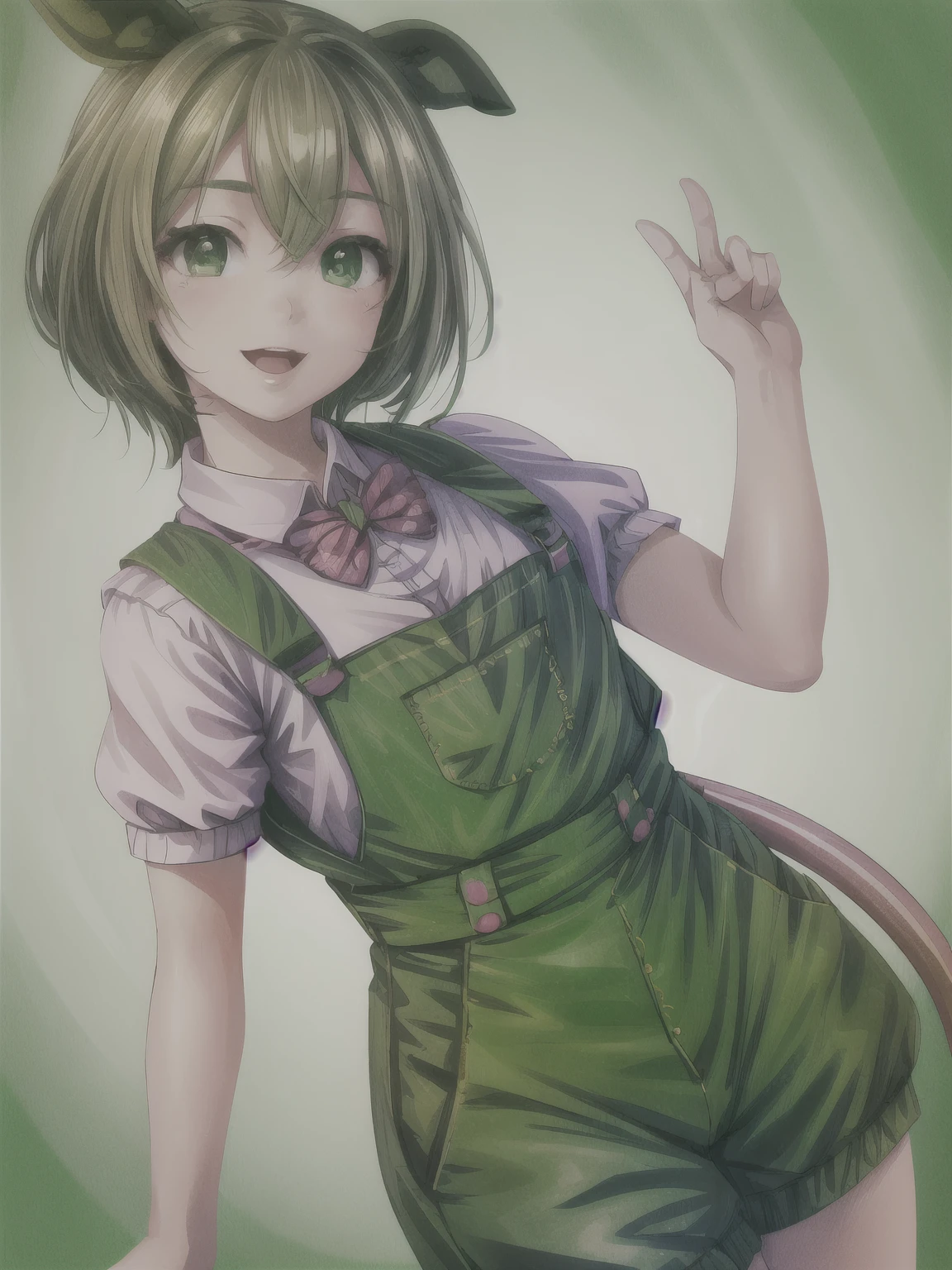 masterpiece, 1girl, original character, energetic, green overalls, boyish outfit, happy, detailed eyes, detailed face, detailed skin, realistic, photorealistic, 8k, highres, best quality, ultra-detailed, cinematic lighting, vibrant colors, dynamic pose