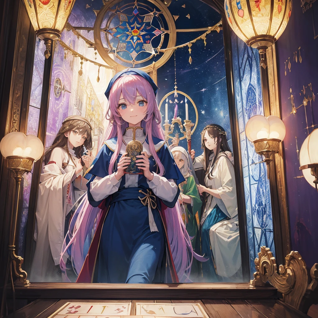 Tarot Cards(Female Pope(Salvator Mundi)のLast Supper( canteen Draw on canvas(Stained glass(Valentine hologram Blue light swirling) Last Supper holy grail Christ smile)Anime Poster、oil)