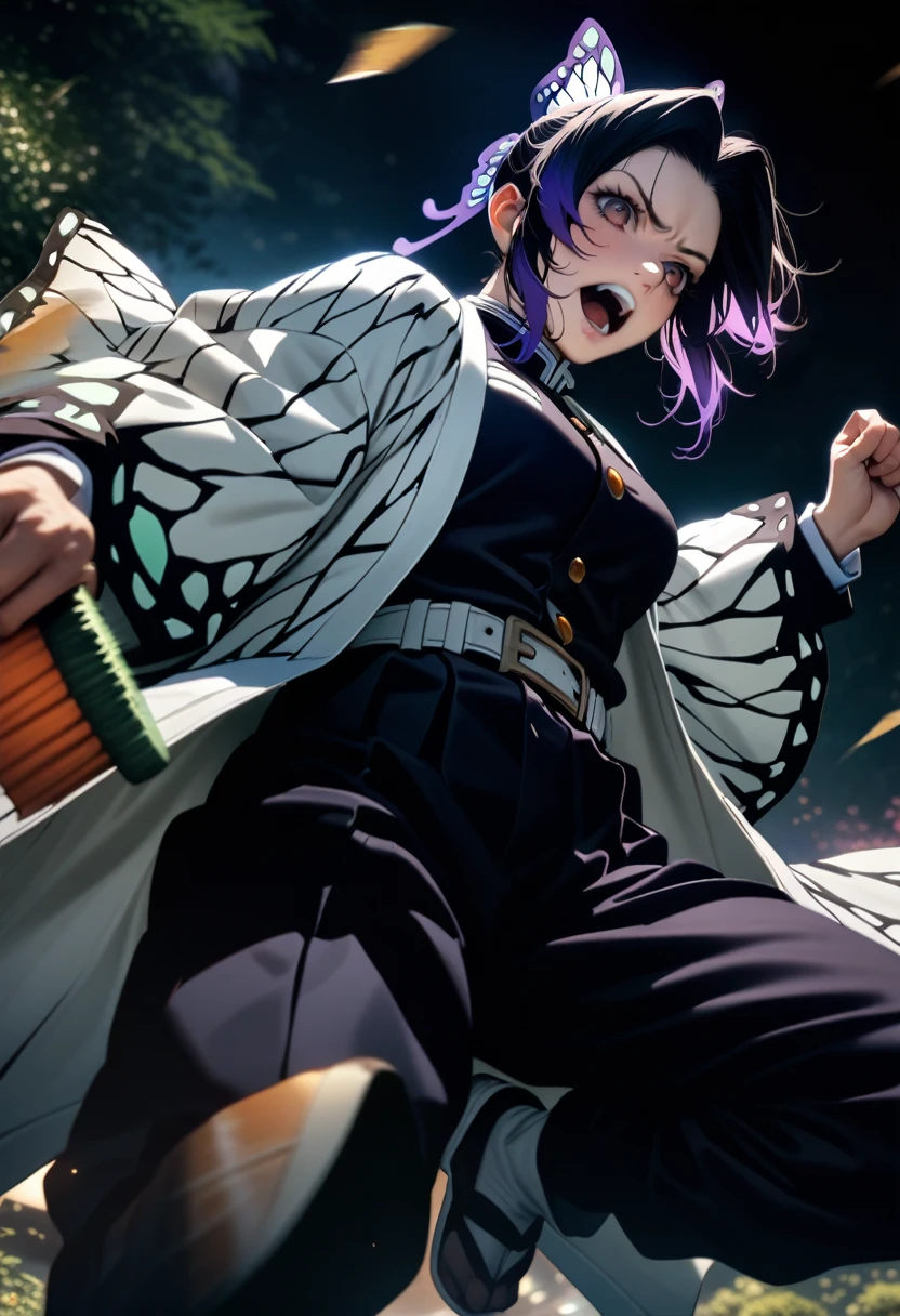 k0ch0ush1n0bu, shinobu kochou, animal print, black hair, butterfly, butterfly hair ornament, butterfly print, forehead, gradient hair, hair ornament, haori, multicolored hair, parted bangs, purple hair, short hair, two-tone hair,belt, black pants, butterfly print, coat, demon slayer uniform, haori, japanese clothes, pants, uniform,,1  japanese muscular girl,perfect hands,perfect anatomy, masterpiece, best quality,realistic, hyperrealistic, 16k hdr,medium breasts,outdoor,night,japanese old garden,(angry:0.8),red blush,dynamic pose,dynamic angle,(jump,kick,in the air:1.3),(from below,:1.2),(holding japanese sword,butterfly shaped sword guard:1.2) 