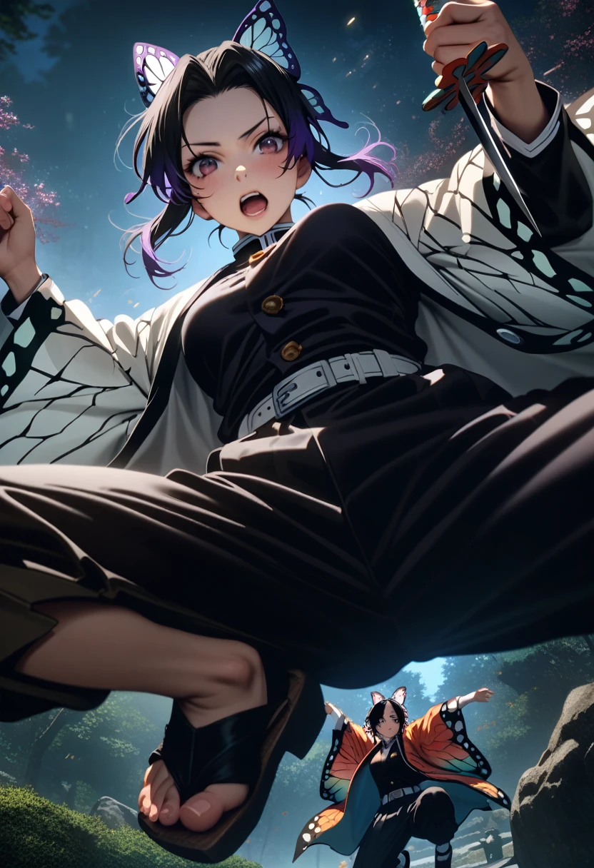 k0ch0ush1n0bu, shinobu kochou, animal print, black hair, butterfly, butterfly hair ornament, butterfly print, forehead, gradient hair, hair ornament, haori, multicolored hair, parted bangs, purple hair, short hair, two-tone hair,belt, black pants, butterfly print, coat, demon slayer uniform, haori, japanese clothes, pants, uniform,,1  japanese muscular girl,perfect hands,perfect anatomy, masterpiece, best quality,realistic, hyperrealistic, 16k hdr,medium breasts,outdoor,night,japanese old garden,(angry:0.8),red blush,dynamic pose,dynamic angle,(jump,kick,in the air:1.3),(from below,:1.2),(holding japanese sword,butterfly shaped sword guard:1.2) 