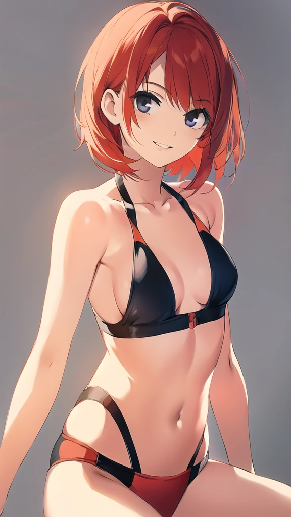 solo, 1girl, simple background, light smile, ((middle breasts)), middle hair, red hair, short hair, straight hair,