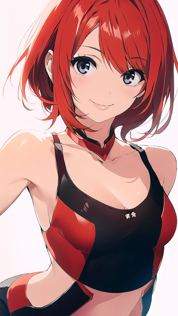 solo, 1girl,  simple background, light smile, ((middle breasts)), middle hair, red hair,  short hair, straight hair,