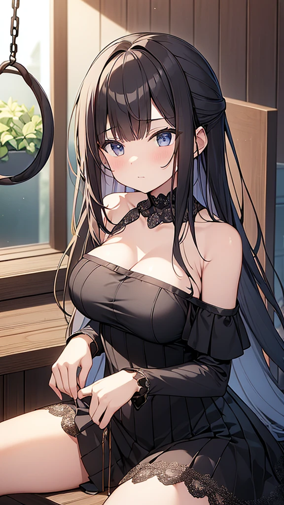 ((masterpiece)), (Highest quality、8K), (Simple style), Big Breasts, Swinging Big , Wearing a face stolen from someone else, No sleeve, Sleeveless, Off the shoulder, Black Dress, Pleated lace, Lace dress, 白タイツ. whole body, Luxurious Room, NSFW