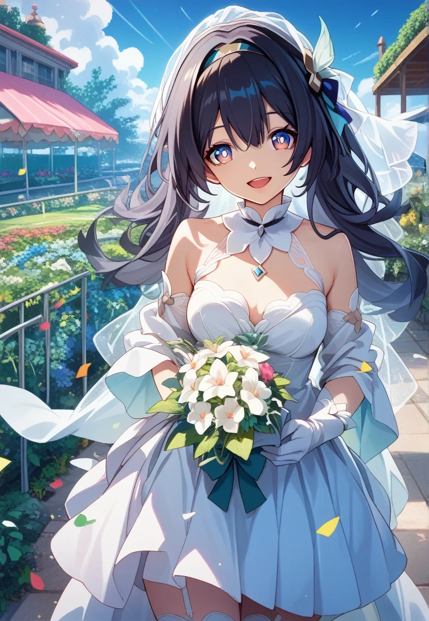 score_9, score_8_superior, score_7_superior, Wedding dress, White gloves, White Dress, garden, Are standing, Cowboy Shot, Holding a bouquet, smile, Open your mouth, Confetti,
fire Fly \(Honkai: Star Rail\), hair ornaments,Black hair band, Medium chest,
Nice hands, Perfect hands,score_9, score_8_superior, score_7_superior, Wedding dress, White gloves, White Dress, garden, Are standing, Cowboy Shot, Holding a bouquet, smile, Open your mouth, Confetti, fire Fly \(Honkai: Star Rail\), hair ornaments,Black hair band, Medium chest,