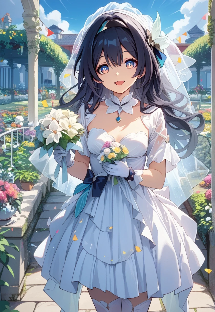 score_9, score_8_superior, score_7_superior, Wedding dress, White gloves, White Dress, garden, Are standing, Cowboy Shot, Holding a bouquet, smile, Open your mouth, Confetti,
fire Fly \(Honkai: Star Rail\), hair ornaments,Black hair band, Medium chest,
Nice hands, Perfect hands,score_9, score_8_superior, score_7_superior, Wedding dress, White gloves, White Dress, garden, Are standing, Cowboy Shot, Holding a bouquet, smile, Open your mouth, Confetti, fire Fly \(Honkai: Star Rail\), hair ornaments,Black hair band, Medium chest,