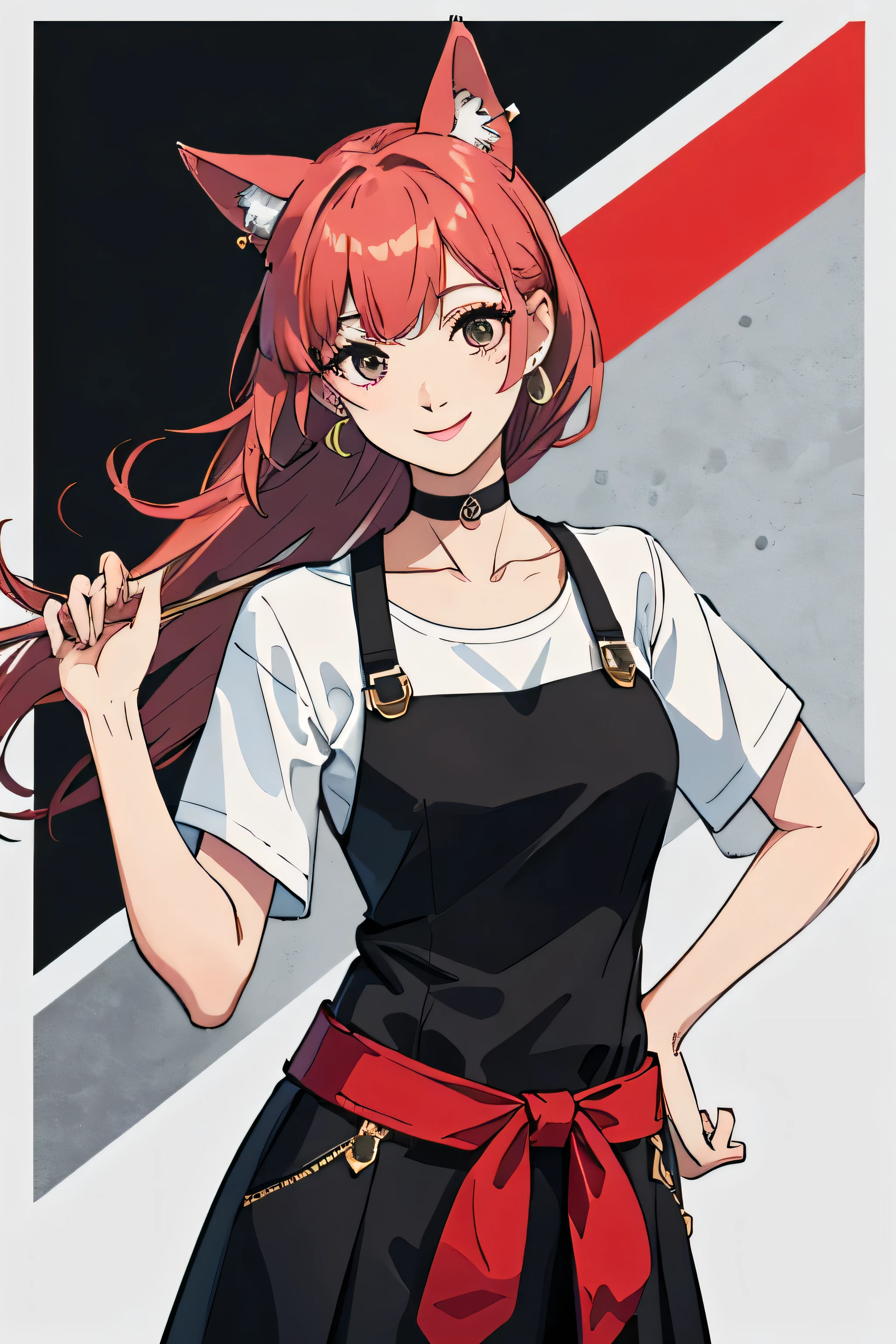 (Better Quality, First Job:1.2) | fine grain:1.2 1 female (Dynamic English, Long Hair) choker, shirt, Earrings in the ears, finely, First Job,smile，With background，Perfect pose
