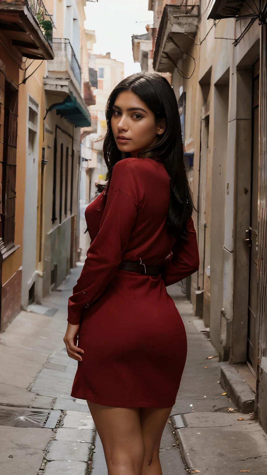 a beautiful 25 year old cuban girl named Claudia, black hair, walking down the street in a red dress, highly detailed portrait, photorealistic, 8k, hyper realistic, beautiful detailed eyes, beautiful detailed lips, extremely detailed face, long eyelashes, beautiful skin, elegant pose, dynamic lighting, vivid colors, warm color tones, cinematic, award winning photography style