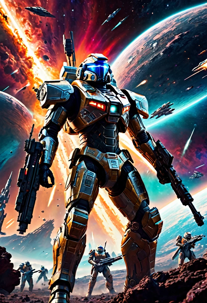 a war-torn futuristic space battlefield, epic intergalactic space war, highly detailed cinematic scene, massive spaceships engaging in battle, intense lighting and dramatic shadows, glowing neon energy weapons, sleek metallic armor and technology, expansive cosmic background with distant stars and nebulae, extreme photorealistic quality, breathtaking scale and scope, cinematic composition and dynamic framing, vibrant and vivid color palette