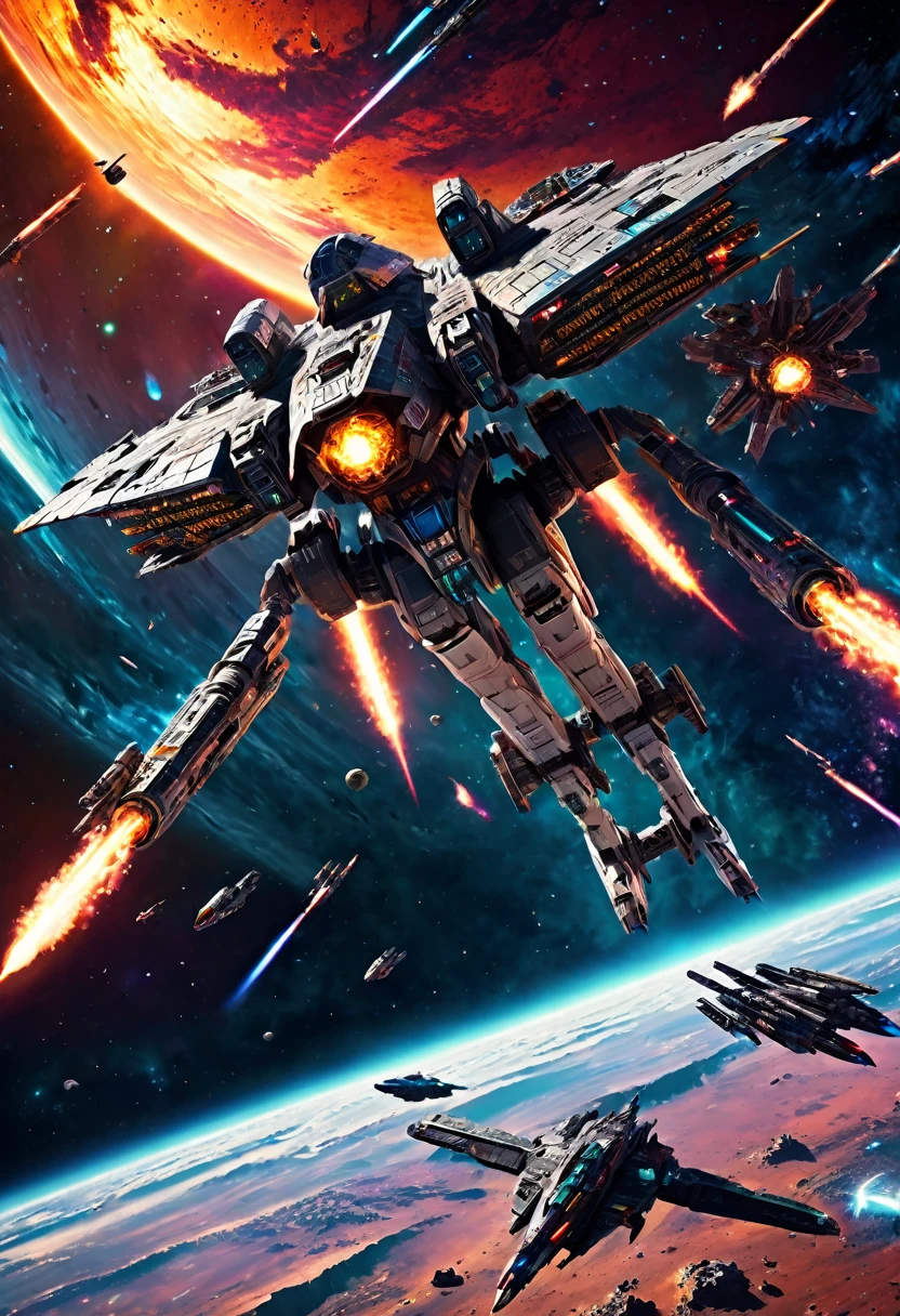 a war-torn futuristic space battlefield, epic intergalactic space war, highly detailed cinematic scene, massive spaceships engaging in battle, intense lighting and dramatic shadows, glowing neon energy weapons, sleek metallic armor and technology, expansive cosmic background with distant stars and nebulae, extreme photorealistic quality, breathtaking scale and scope, cinematic composition and dynamic framing, vibrant and vivid color palette