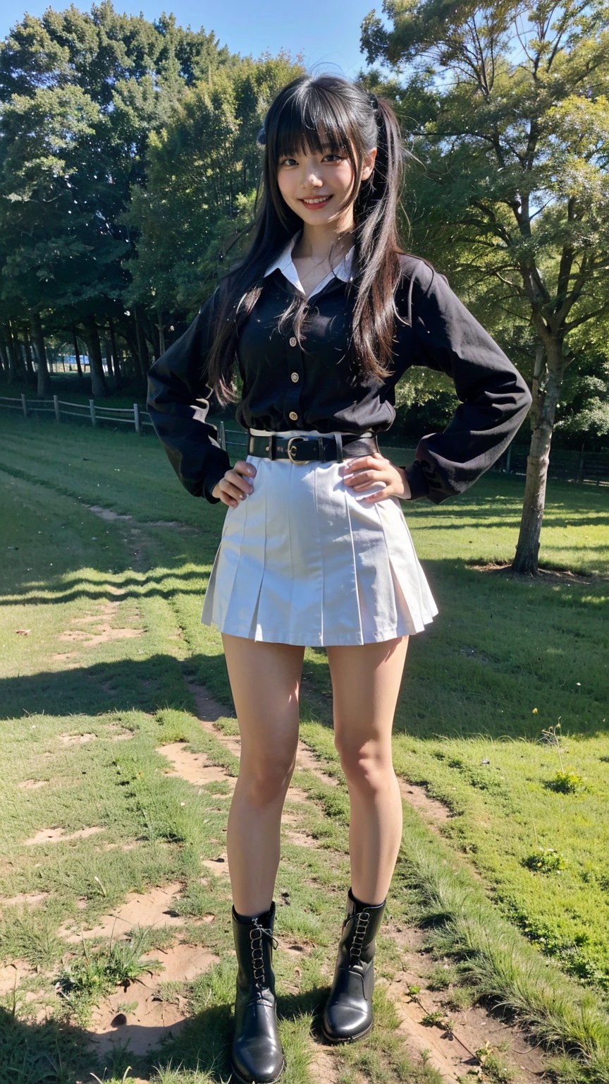 (8K、RAW Photos、Highest quality、masterpiece:1.2)、(Realistic、Realistic)、1 Girl、((mini skirt、black、Thin legs、whole body、boots、blackいコート、one piece、garden、smile、View from the front、Looking into the camera、belt、Stand with hands on hips))、