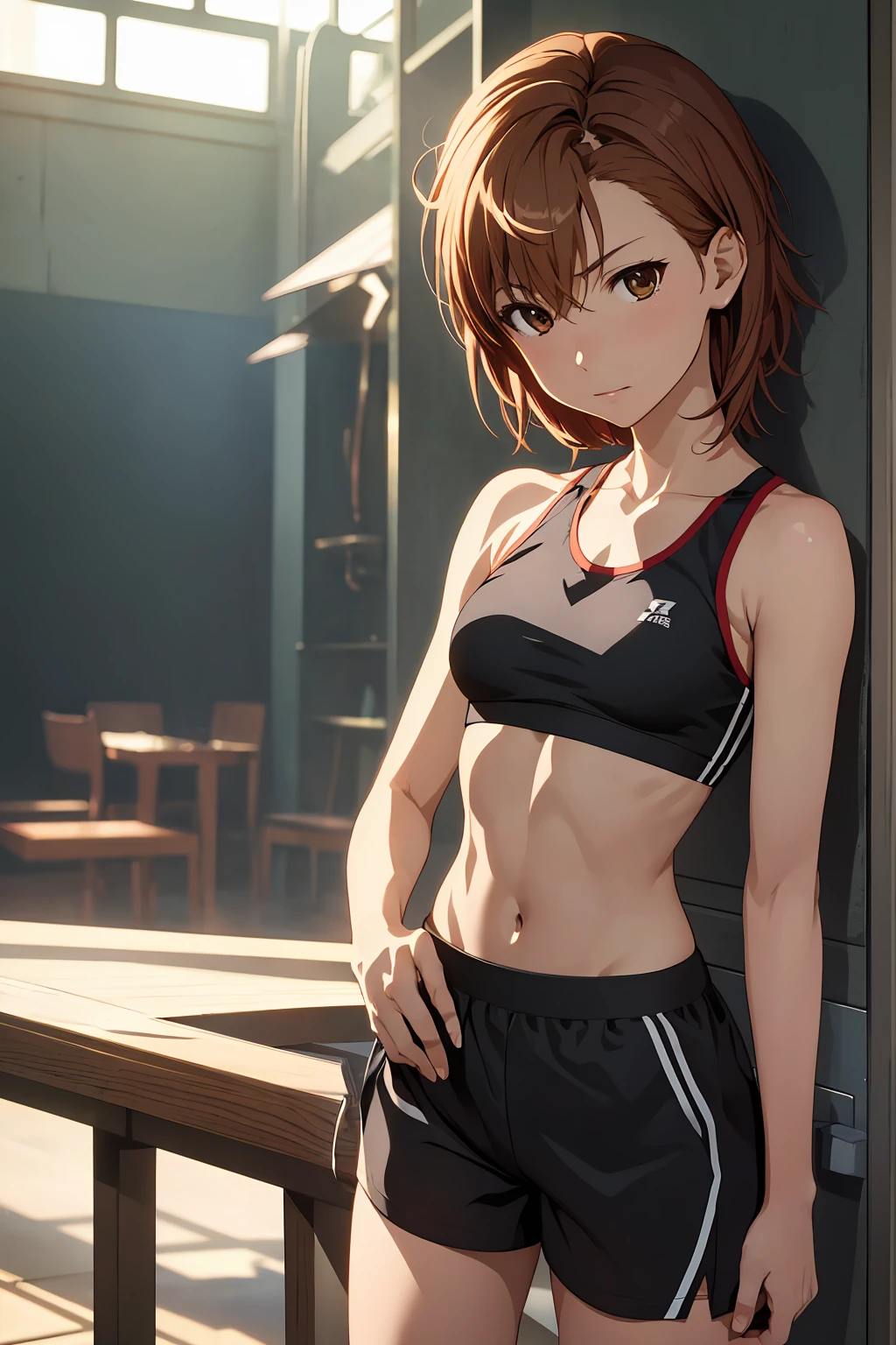 (Highest quality:1.5, High resolution, uhd, 4K, Detailed lighting, Shaders), NSFW Misaka Mikoto,short hair　Brown Hair　Brown eyes　Cool face　　Black shorts　Sports bra with a small area　Realistic sun rays　 Beautiful park　Beautiful Armpits