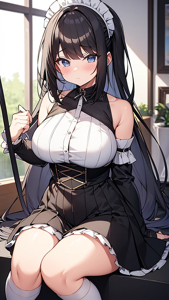 ((masterpiece)), (Highest quality、8K), (Simple style), 2人の女の子, Big Breasts, Swinging Big , Wearing a face stolen from someone else, No sleeve, Sleeveless, Off the shoulder, Black Dress, Pleated lace, Lace dress, White knee socks. whole body, Luxurious Room, {{The maid who stole the face of a guest}}, NSFW