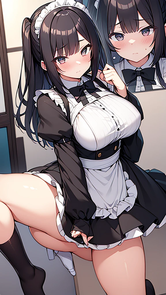 ((masterpiece)), (Highest quality、8K), (Simple style), 2人の女の子, Big Breasts, Swinging Big , Wearing a face stolen from someone else, No sleeve, Sleeveless, Off the shoulder, Black Dress, Pleated lace, Lace dress, White knee socks. whole body, Luxurious Room, {{The maid who stole the face of a guest}}, NSFW