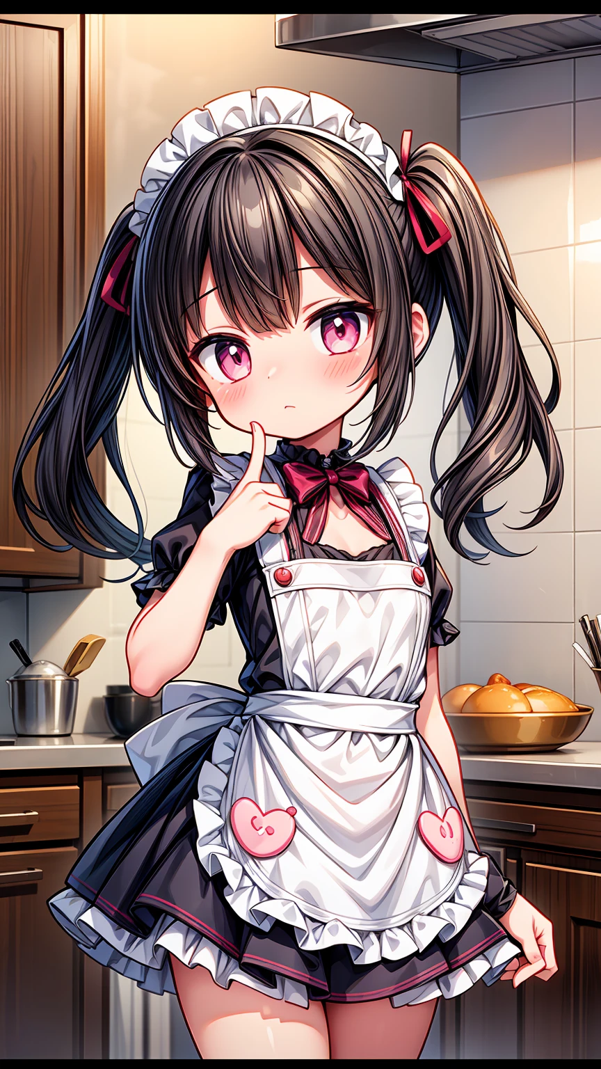 (8K, Highest image quality, highest quality, masterpiece), detailed face, (()), ((girl)), (little curve), black hair, short twintails, pink eyes, ((very small bust)), (flat bust), (naked apron), cowboy shot, put your hand on your mouth, kitchen background, ((very blushing)), ((detailed hands and fingers)), viewer perspective from below, (blush)