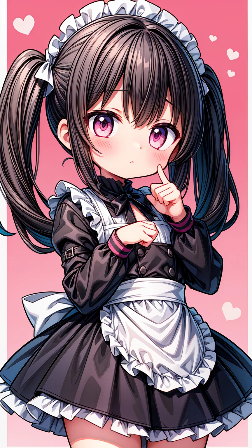 (8K, Highest image quality, highest quality, masterpiece), detailed face, (()), ((girl)), (little curve), black hair, short twintails, pink eyes, ((very small bust)), (flat bust), (naked apron), cowboy shot, put your hand on your mouth, kitchen background, ((very blushing)), ((detailed hands and fingers)), viewer perspective from below, (blush)