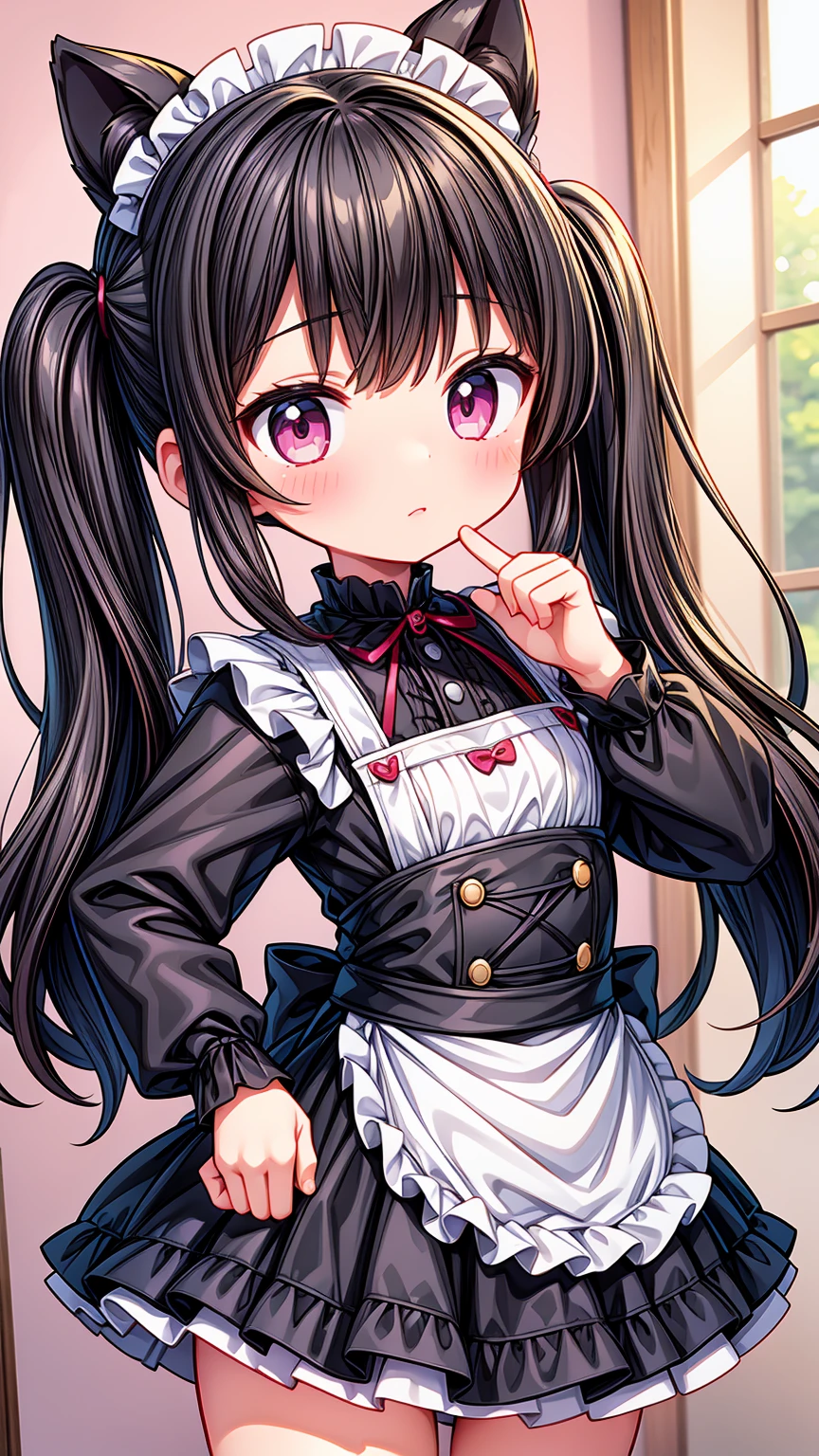 (8K, Highest image quality, highest quality, masterpiece), detailed face, ((loli)), ((girl)), (little  curve), black hair, short twintails, pink eyes, ((very small bust)), (flat bust), (naked apron), cowboy shot, put your hand on your mouth, kitchen background, ((very blushing)), ((detailed hands and fingers)), viewer perspective from below, (blush)
