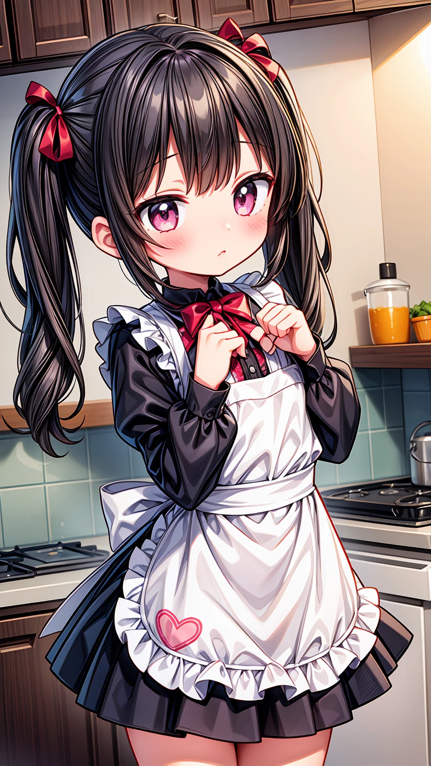 (8K, Highest image quality, highest quality, masterpiece), detailed face, ((loli)), ((girl)), (little  curve), black hair, short twintails, pink eyes, ((very small bust)), (flat bust), (naked apron), cowboy shot, put your hand on your mouth, kitchen background, ((very blushing)), ((detailed hands and fingers)), viewer perspective from below, (blush)