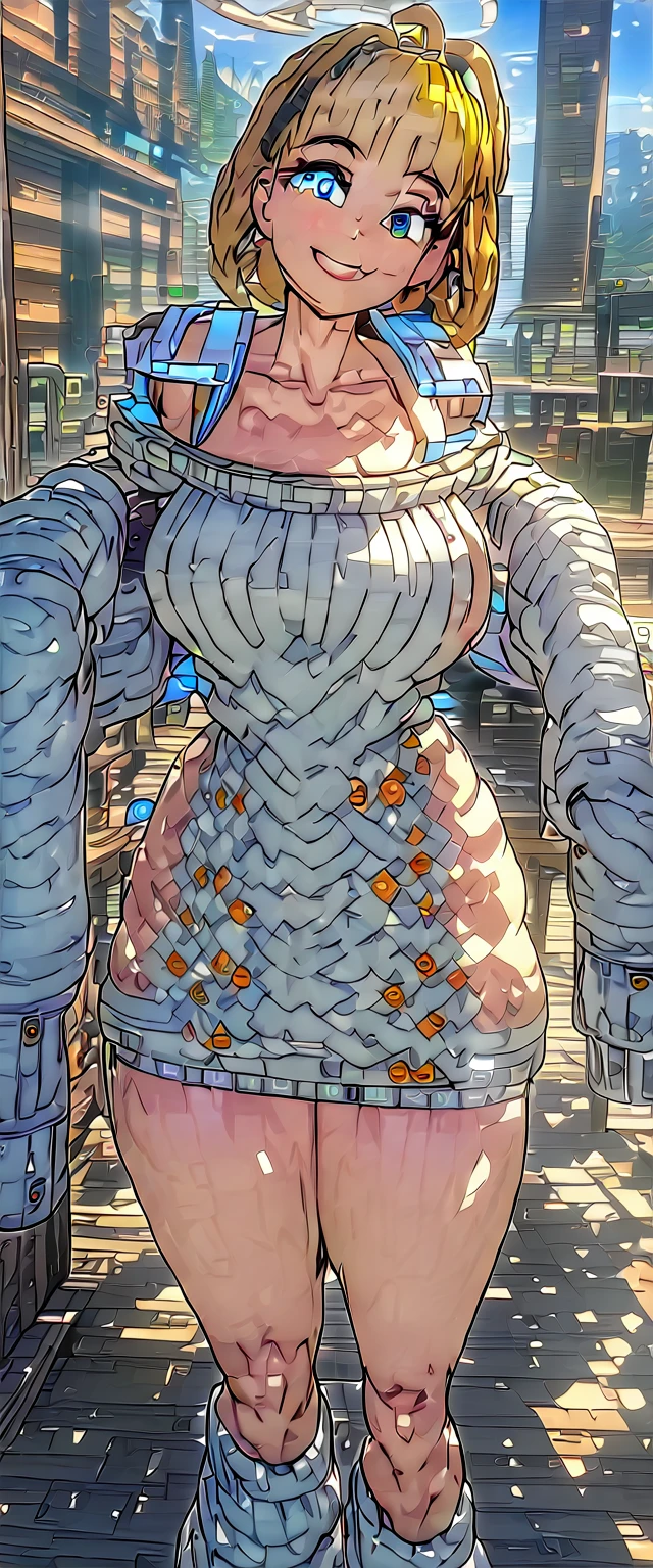 (((One girl))), full wing, ((tanned skin:1.2)), flying in the sky, upper body, ((angel, big big white wings:1.2, halo:1.3)), ((wavy hair)), evening, Sunset, sea, beach, ((blond hair, bob cut:1.3)), big breasts, teenager, (looking at viewer), oversized clothes, puffy long sleeves, collarbone, ((off-shoulder sweater dress:1.3, Quite thick shoulder straps)), (((sleeves past wrists:1.3))), ((white sweater)), collarbone, head tilt:1.3, (((blue eye))), ((happy smile)), (((anime style))), (best quality, 4K, 8K, highres, masterpiece:1.2, ultra-detailed, ultra-detailed eyes, HDR, uhd, studio lighting, ultra-fine painting, sharp focus, physically-based rendering, extreme detail description, professional, vivid colors, bokeh), ((Highest quality, Best image quality, Ultra-high resolution, Ultra-high resolution, solo, Strong eye highlights)), Depth of written boundary, Natural soft light, attractive, Beautiful Face, Cleanliness, Pure Face, medium chest, Beautiful Face, Perfect Fingers, Perfect hands, Perfect body, Perfect Face, Shine a light into your eyes, Perfect Anatomy