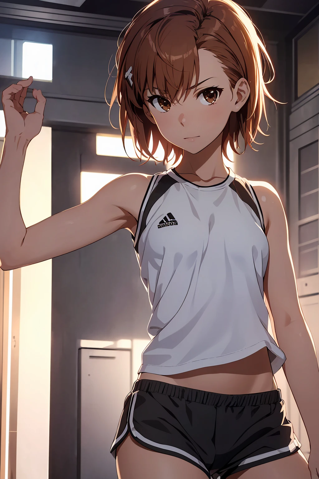 (Highest quality:1.5, High resolution, uhd, 4K, Detailed lighting, Shaders), NSFW Misaka Mikoto,short hair Brown Hair Brown eyes Cool face Black shorts Sports bra with a small area Realistic sun rays Beautiful park Beautiful Armpits