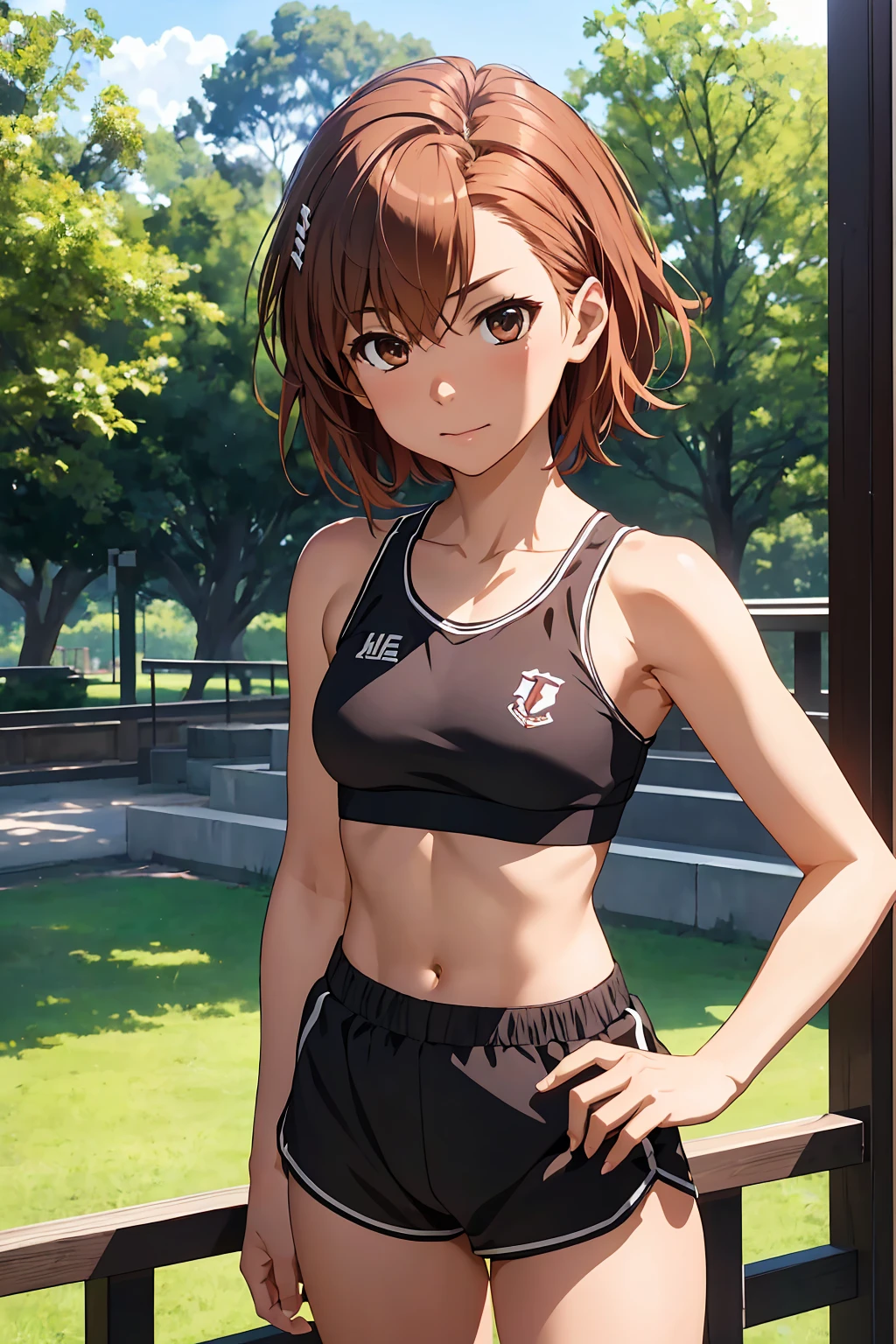 (Highest quality:1.5, High resolution, uhd, 4K, Detailed lighting, Shaders), NSFW Misaka Mikoto,short hair　Brown Hair　Brown eyes　Cool face　　Black shorts　Sports bra with a small area　Realistic sun rays　 Beautiful park　Beautiful Armpits