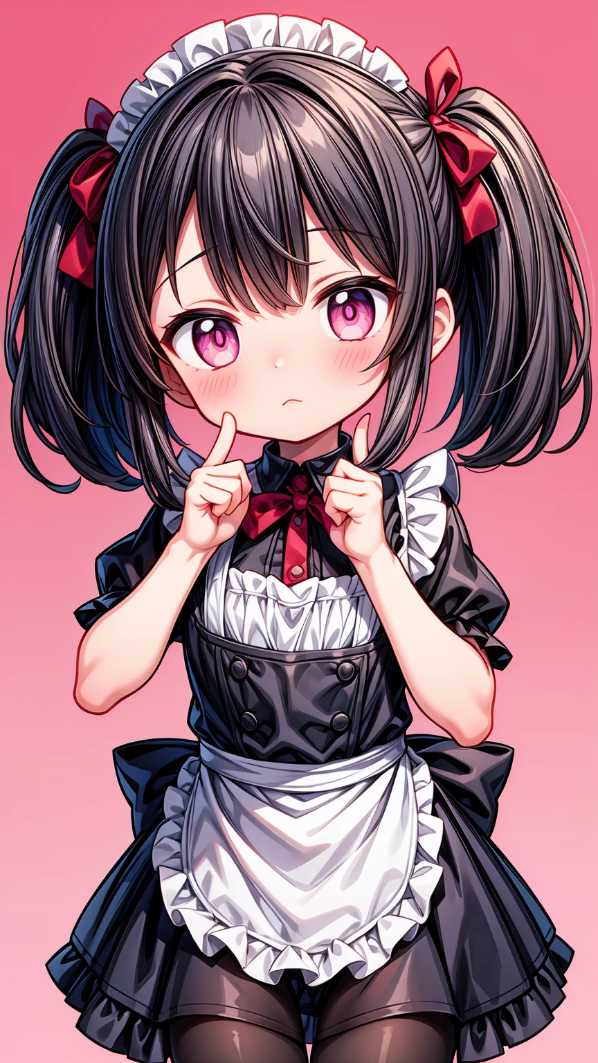 (8K, Highest image quality, highest quality, masterpiece), detailed face, ((loli)), ((girl)), (little curve), black hair, short twintails, pink eyes, ((very small bust)), (flat bust), (naked apron), cowboy shot, put your hand on your mouth, kitchen background, ((very blushing)), ((detailed hands and fingers)), viewer perspective from below, (blush)