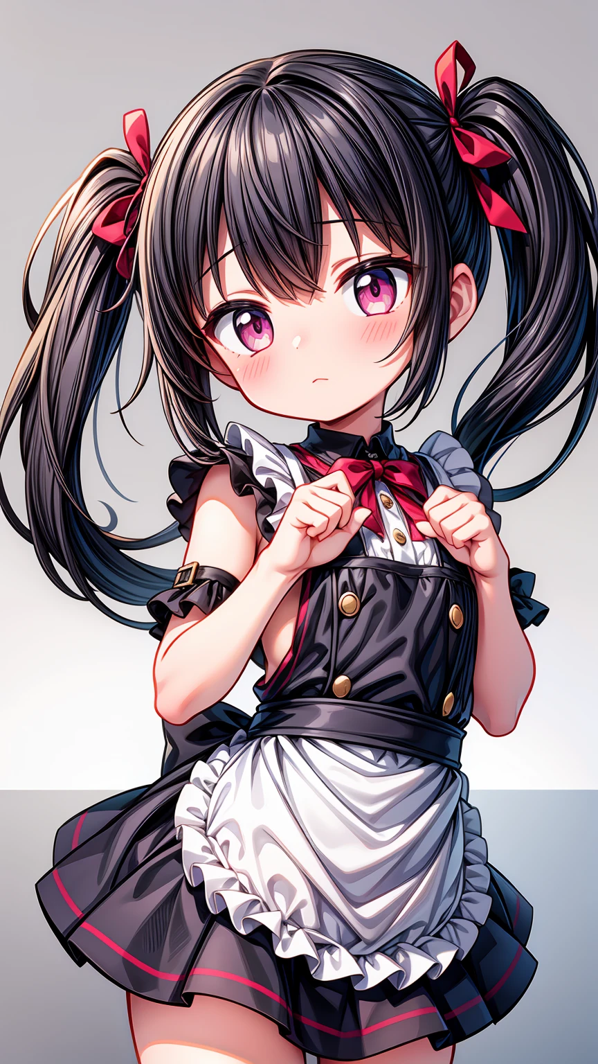 (8K, Highest image quality, highest quality, masterpiece), detailed face, ((loli)), ((girl)), (little  curve), black hair, short twintails, pink eyes, ((very small bust)), (flat bust), (naked apron), cowboy shot, put your hand on your mouth, kitchen background, ((very blushing)), ((detailed hands and fingers)), viewer perspective from below, (blush)