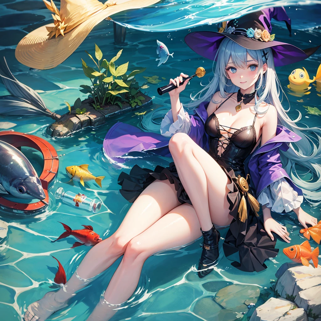 (masterpiece, best quality, detailed glossy skin: 1.2), flawless, 8k, RAW, highres,1girl, petite, medium breasts, long hair, blonde hair, (witch hat), (light smile), purple eyes, (star-shaped pupils), (underwater, algae, aquarium), looking at the viewer, solo, very short dress alice in wonderland, torn dress, (no panties), long socks, transparent white socks,  floating, rim lights, cinematic lighting, ((splash water)), lying down