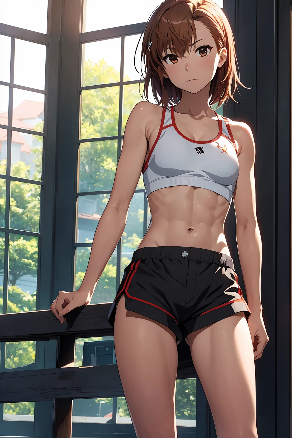 (Highest quality:1.5, High resolution, uhd, 4K, Detailed lighting, Shaders), NSFW Misaka Mikoto,short hair　Brown Hair　Brown eyes　Cool face　　Black shorts　Sports bra with a small area　Realistic sun rays　 Beautiful park　Beautiful Abs　Small breasts