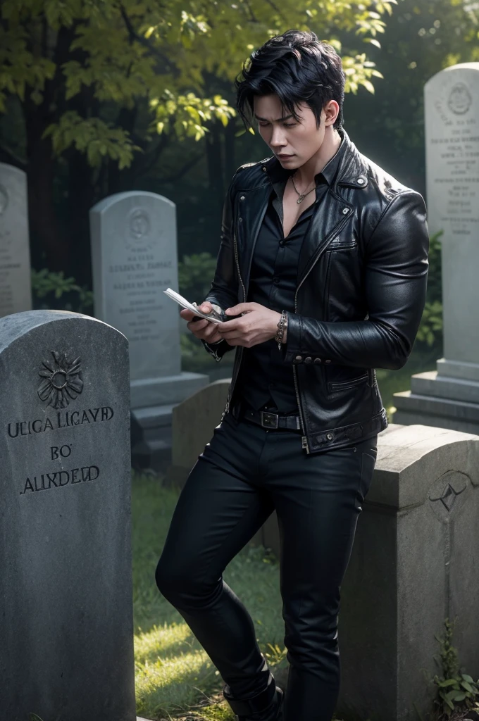 Magnus Bane from The Mortal Instruments in the Cemetery crying in the tomb of her husband Alexander Lightwood 