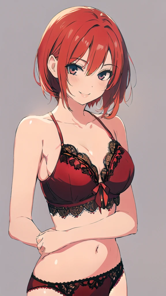 solo, 1girl, simple background, light smile, ((middle breasts)), middle hair, red hair, short hair, straight hair, lacy bra, lacy panty