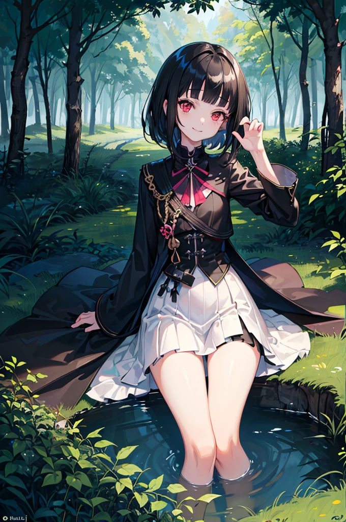 ((forest background)),original,(illustration:1.1),(best quality),(masterpiece:1.1),(extremely detailed CG unity 8k wallpaper:1.1), (colorful:0.9),(mid shot:0.95),(highly detailed beautiful face and body),(solo:1.2), (girl),(loli), (detailed beautiful eyes:1.15), (beautiful face:1.15), (glowing red eyes:1.25////),((jewel-like eyes)),(petite),(cute girl),(((black medium hair))),pink inner color,((blunt bangs,)),(+perfect hand+:1.21),(Religious),(slender),(black clothes),small breasts,miniskirt,slim body,(smile),fashion,tokyo,harajuku,(black school uniform),deep forest background,