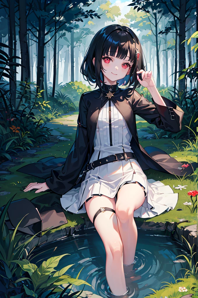 ((forest background)),original,(illustration:1.1),(best quality),(masterpiece:1.1),(extremely detailed CG unity 8k wallpaper:1.1), (colorful:0.9),(mid shot:0.95),(highly detailed beautiful face and body),(solo:1.2), (girl),(), (detailed beautiful eyes:1.15), (beautiful face:1.15), (glowing red eyes:1.25////),((jewel-like eyes)),(petite),(cute girl),(((black medium hair))),pink inner color,((blunt bangs,)),(+perfect hand+:1.21),(Religious),(slender),(black clothes),small breasts,miniskirt,slim body,(smile),fashion,tokyo,harajuku,(black school uniform),deep forest background,