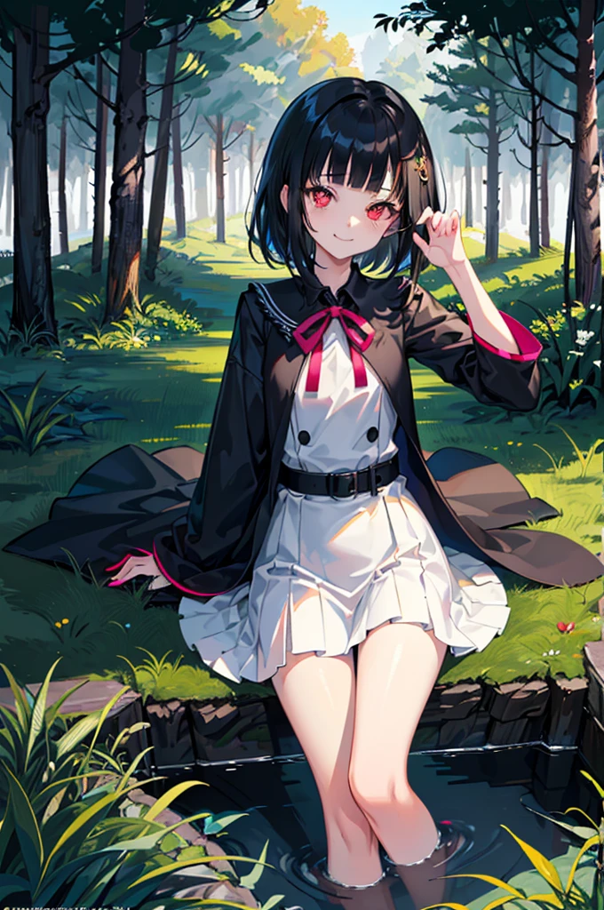 ((forest background)),original,(illustration:1.1),(best quality),(masterpiece:1.1),(extremely detailed CG unity 8k wallpaper:1.1), (colorful:0.9),(mid shot:0.95),(highly detailed beautiful face and body),(solo:1.2), (girl),(), (detailed beautiful eyes:1.15), (beautiful face:1.15), (glowing red eyes:1.25////),((jewel-like eyes)),(petite),(cute girl),(((black medium hair))),pink inner color,((blunt bangs,)),(+perfect hand+:1.21),(Religious),(slender),(black clothes),small breasts,miniskirt,slim body,(smile),fashion,tokyo,harajuku,(black school uniform),deep forest background,