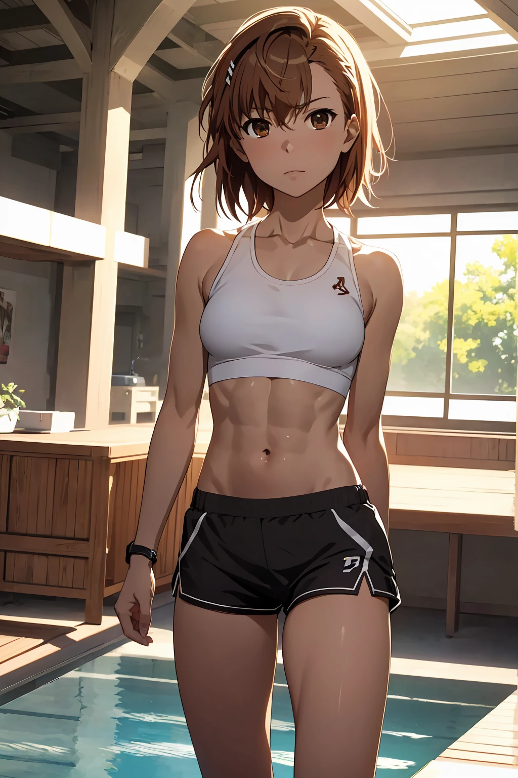 (Highest quality:1.5, High resolution, uhd, 4K, Detailed lighting, Shaders), NSFW Misaka Mikoto,short hair　Brown Hair　Brown eyes　Cool face　　Black shorts　Sports bra with a small area　Realistic sun rays　 Beautiful park　Beautiful Abs　Small breasts