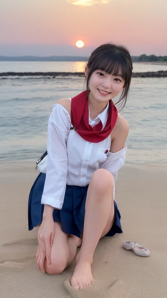 ((masterpiece:1.27、Every detail counts))At the beach dyed in the sunset、Cute Japanese playing in the water by herself。She has straight black hair down to her shoulders、The bangs are cut straight above the eyebrows。She is wearing a traditional Japanese uniform.、The uniform is a sailor top with a white collar and navy blue lines.、And she is wearing a navy blue pleated skirt.。A red scarf is tied neatly around the chest of the top.。
She rolled up the sleeves of her uniform to her elbows、The hem of my skirt is also a little wet.。Walk barefoot on the sandy beach、I smile every time a wave hits my feet.。Her feet are white and small、There's fine sand on my toes。She was happily splashing around on the shoreline.、Occasionally, they scoop up seawater with their hands and throw it back into the waves.。Every time the water touches your feet it splashes a little.、They seem to be having fun.。
The blue sea and white sandy beach spread out in the background.、And the beautiful orange sky at sunset is depicted.。A small island in the distance々I can see、Seagulls are flying around。The shore is littered with small shells and driftwood.、The atmosphere is such that you can almost hear the sound of the waves.。Behind her、There was a school bag carelessly placed on the beach.、Next to it are carefully arranged shoes and socks.。The color of the bag is black、Embroidered school logo。Overall、Relaxing after school and、This is a scene that brings back fond memories of the end of summer.。