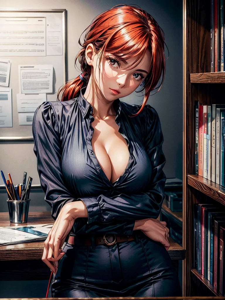 Realistic-style image with ultra-detailed 8K quality and soft lighting effects. | A beautiful and elegant woman of apparently 29 years of age is standing in her office, wearing unfitted black dress pants, a simple white t-shirt and a bright orange blazer. Her red hair is tied in a high ponytail., revealing her defined eyebrows and captivating red eyes. Her medium waist and medium breasts are highlighted by the simple outfit, yet elegant, what she wears. The woman looks directly at the viewer with a confident and determined expression, conveying a feeling of strength and competence. The table behind her is full of documents, indicating that she is a dedicated and hard-working professional. The office is lit by soft light, creating subtle shadows on the wall behind her. Between the elements of the scene, documents stand out on the table, that suggest the busy and demanding nature of women's work. The contrast between the light and dark colors of the woman's clothing and accessories creates an interesting visual effect., enhancing its unique beauty and style. The camera is positioned at a medium angle, creating a balanced perspective and emphasizing the woman's confident pose. The lighting effect is used to create a professional and welcoming environment, with the soft light illuminating the scene evenly and creating subtle shadows on the wall behind the woman. The image conveys a feeling of certain, confidence and elegance, as if the woman was at the peak of her career and ready to face any challenge.
| (((((The image reveals her in a full-body_shot, striking a confident_pose, leaning enticingly on a structure within the scene. She assumes a relaxed_pose as she interacts, leaning on the structure in the scene, reclining gracefully to add an extra allure to the image))))). | ((perfect_body)), ((perfect_pose)), ((full-body_shot)), ((perfect_fingers, better_hands, perfect_hands)),