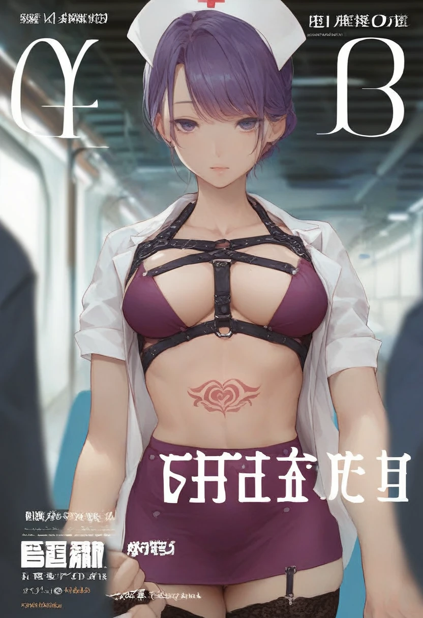 score_9, score_8_up, score_7_up, source_anime, Expressiveh, girl，nurse，White round cap, Wearing Kamikawa, cover comic magazine, pretty face，Tattoo on the chest，belly tattoo, Body moisturized and shiny, purple short hair，Put your hands behind， Professional attire，subway station，Black suspender stockings,  harness under clothes, caressing mens bulge