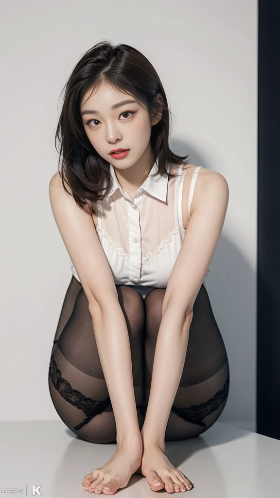 Highly detailed CG Unity 8k wallpaper, top quality, super detailed, masterpiece, realistic, photorealistic, highly detailed cute girl, 25 years old, (secretary), blush, parted lips, round eyes, medium breasts, viewer, half body shot, (show panties), panties under pantyhose, office, sitting, legs crossed, short hair