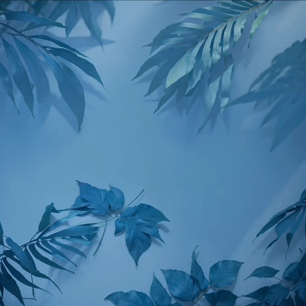 Create an image with tropical leaves in blue tones. The background and the leaves must have the same color, creating a harmonious and abstract composition. Leaves can vary in shape and size to add depth. The goal is to achieve a cool and relaxing effect..”